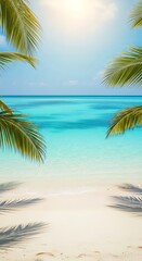 Tropical beach scene with palm trees casting shadows on the sand.