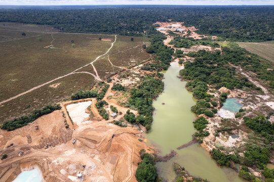 Illegal gold mining deforestation of the Amazon Rainforest, aerial view in the Jamari National Forest in Rondonia, Brazil. Concept of environment, ecology, climate change, global warming, nature.