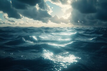 Fototapeta premium Vibrant ocean waves reflecting light under a dramatic sky in a coastal setting, Pure blue Ocean water waves with light reflections at Slow motion, Powerful storm on the sea