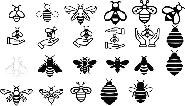 Art & IllustBee icon set.Honey bee icon vector silhouette illustration isolated on white background.Whimsical bee icons set.Set of cute bee illustration designs.set of party.Linear style nature,ration