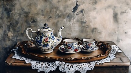 A rustic wooden tray holds a teapot and matching cups, resting on a lace doily for cozy tea time.

