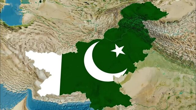 Satellite view of pakistan overlaid with its national flag highlighting its geographical location in south asia and the arabian sea coast