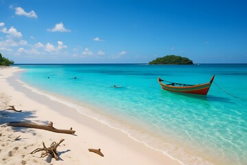 Obraz premium Serene Tropical Beach Paradise with Turquoise Water and Boat