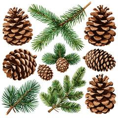 Fototapeta premium Watercolor pine cones and conifer branches illustration on white