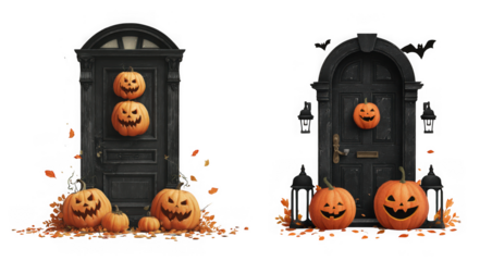 Spooky halloween scene with carved pumpkins and glowing jackolanterns in front of dark arched doorways with bats and lanterns isolated on transparent background