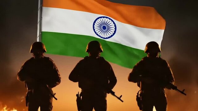 Three indian soldiers stand silhouetted against the national flag and a fiery sunset symbolizing national pride and defense