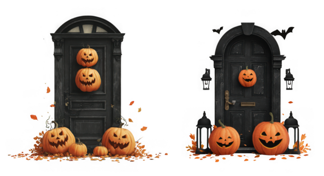 Spooky halloween scene with carved pumpkins and glowing jackolanterns in front of dark arched doorways with bats and lanterns isolated on transparent background