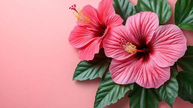 Delicate pink hibiscus flowers on pastel pink background with copy space