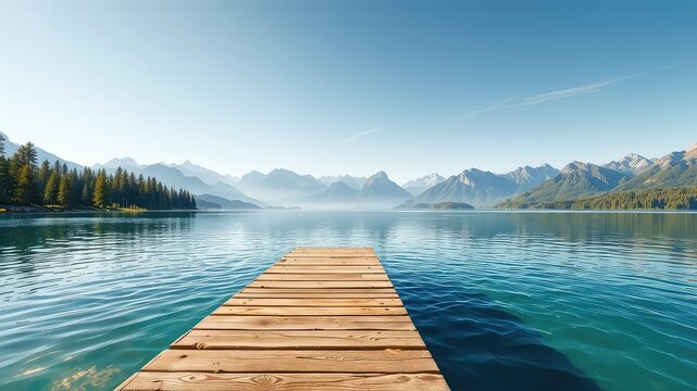 Wooden dock extending into clear lake water against a backdrop of forested mountains on a sunny day