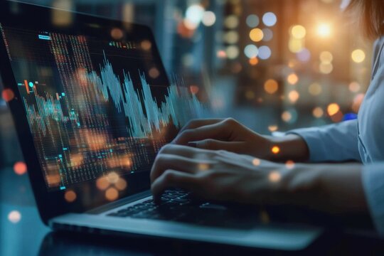 Businessman analyzes financial data on a laptop during evening hours in a modern office environment, businessman using laptop to analyze financial data - Powered by Adobe