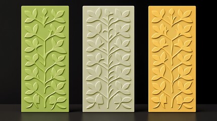 Three panels with embossed leaf patterns, in various shades