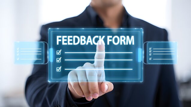 Digital feedback form interface, Businessman interacting with virtual online form. Perfect for customer feedback, survey UI, contact forms, digital on boarding, user experience in web applications.