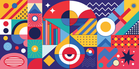 poster filled with bright, colorful shapes and engaging words, creating an energetic and lively visual appeal..eps