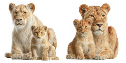 A majestic lioness and her adorable cub sitting together showcasing their regal presence and familial bond in a natural setting isolated on transparent background