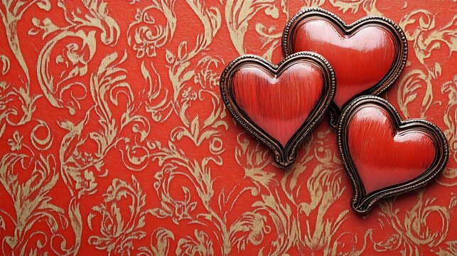 Three red hearts on a red patterned background