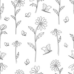 Cute botanical seamless pattern with daisies, butterflies, dragonflies on the white background. Black and white. Outline monochrome vector illustration.