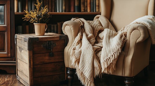 A vintage wooden trunk packed with soft blankets, placed next to a snug armchair for a warm atmosphere.

