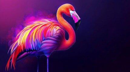 Colorful flamingo bird photo with bright feathers against dark purple background in digital illustration