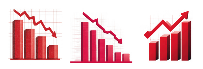 A collection of three red bar graphs and line charts illustrating financial trends showing both significant decline and upward growth isolated on transparent background