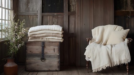 A vintage wooden trunk packed with soft blankets, placed next to a snug armchair for a warm atmosphere.

