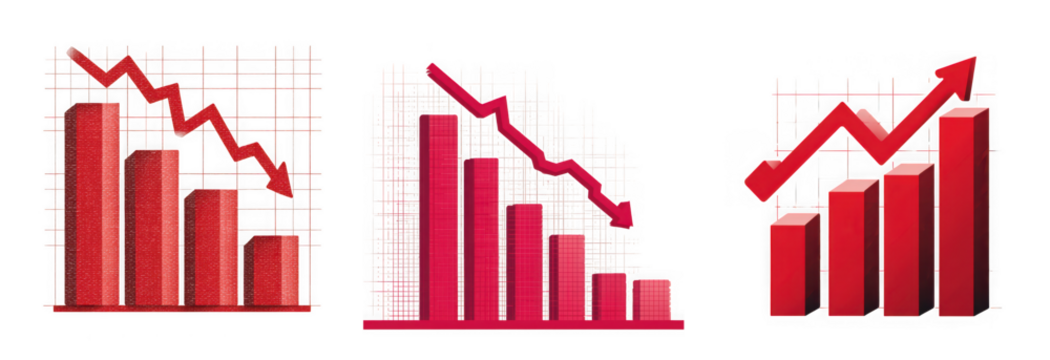 A collection of three red bar graphs and line charts illustrating financial trends showing both significant decline and upward growth isolated on transparent background