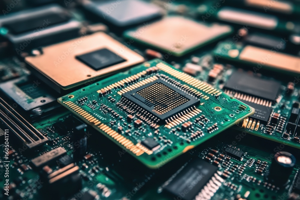 Poster central processor surrounded by various electronic components on a circuit board, the central proces