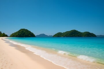 Serene Tropical Beach Paradise with Turquoise Waters and Green Hills