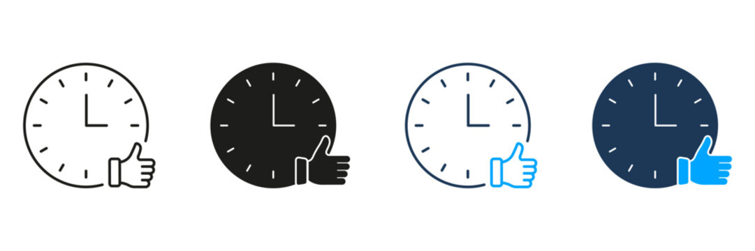 Clock With Thumbs Up Line And Solid Icon Set. Time Management, Punctuality, And Approval Symbol Collection. Efficiency And Reliability Representation. Isolated Vector Illustration