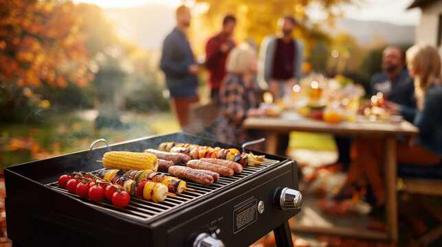 Outdoor autumn barbecue gathering with grilled food and socializing adults - Powered by Adobe