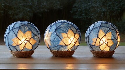 Three spherical lamps with intricate floral designs