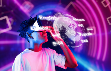 A young individual interacts with virtual reality technology, exploring languages and translations...