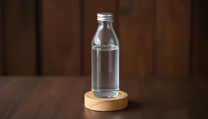 Glass Bottle on a Wooden Stand for Sophisticated Beverage Serving. Clean Water Presentation studio photography
