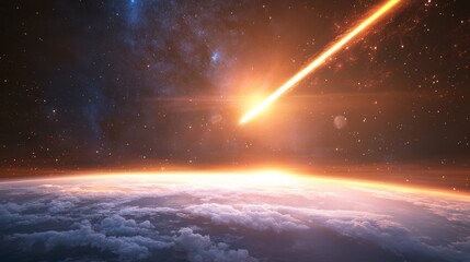 Giant asteroid entering a planet's atmosphere, creating a brilliant fireball and illuminating the surrounding space with a dramatic display of energy and heat, signaling impending danger