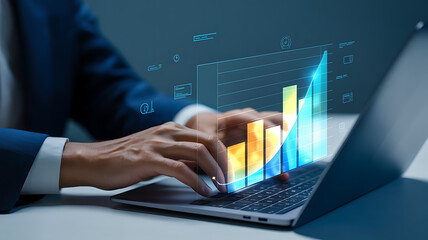 Professional analyzing vibrant growth charts on laptop screen, visualizing success and financial progress with modern technology and data-driven insights for business achievement