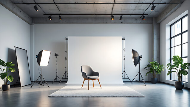 Modern Photography Studio Setup with a Stylish Gray Chair and Soft Lighting for Professional Portrait Sessions