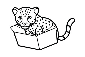 Baby Leopard Inside A Gift Box Line Drawing Clip Art
