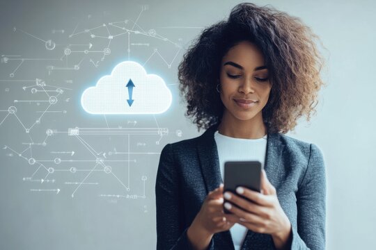 Business professional checking smartphone while cloud data upload percentage appears in background, cloud with percents and arrow over biracial businesswoman using smartphone