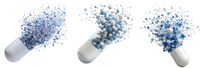 Closeup of white capsules filled with blue and white granules symbolizing medicine health and pharmaceutical treatments isolated on transparent background