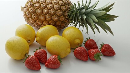 Pineapple Lemons and Strawberries on White Background