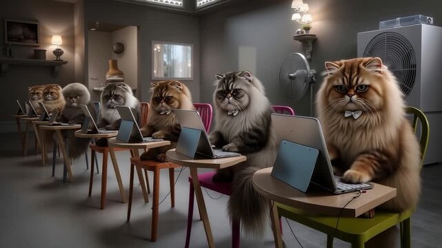 A group of cats sitting at a table with laptops