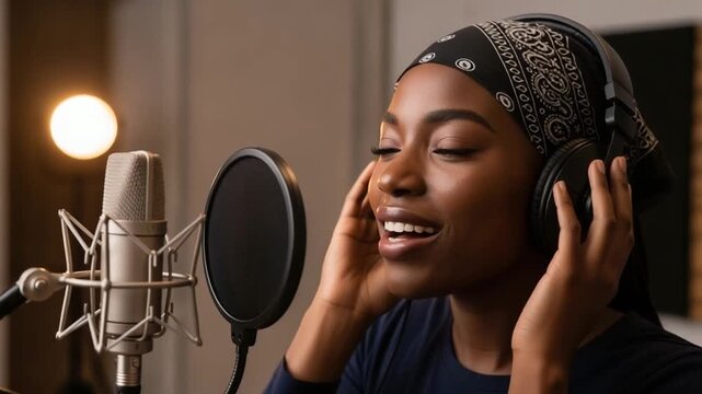 Young Black Woman Singing Into Microphone In Recording Studio with Headphones and Bandana Smiling with Warm Lighting
