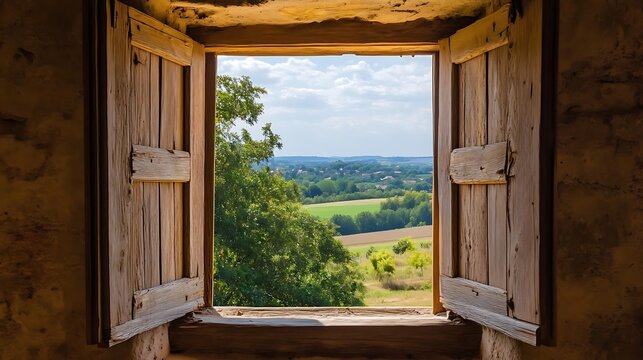 A serene countryside scene seen through a wooden window with open shutters and natural light pouring in.

