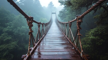 Obraz premium old suspension bridge on ropes in fog
