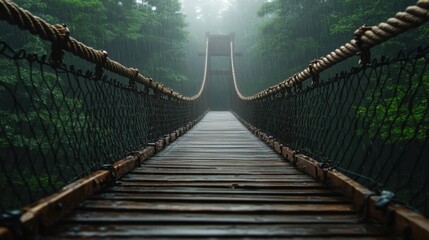 Fototapeta premium old suspension bridge on ropes in fog