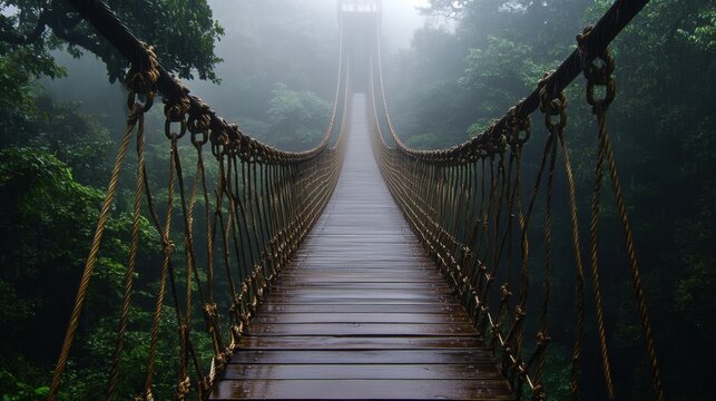 old suspension bridge on ropes in fog