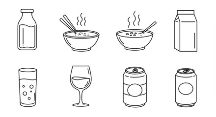 Simple line art icons depicting various food and drink items, including milk, bowls of soup, chopsticks, and beverages.