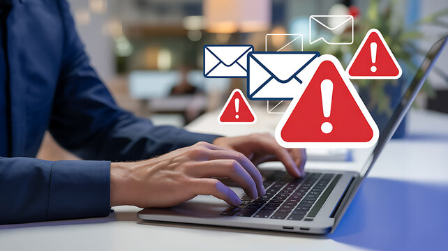 Beware of Phishing Scams: Man receives suspicious emails with warning signs on laptop, cybersecurity threat, email fraud, data breach, and identity theft risk - Powered by Adobe