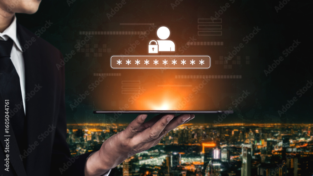 Poster user authentication and password protection concept showing secure login, privacy safeguard, data pr