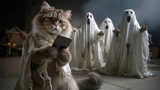 A cat sitting on the floor in front of a group of ghosts holding a cell phone