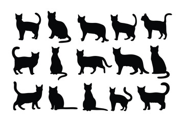 A collection of twelve silhouetted black cat faces with varying expressions and whiskers on a white background